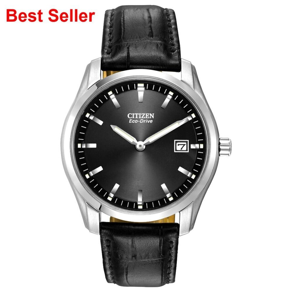 Eco-Drive Leather Strap Watch with Date and Luminous Hands